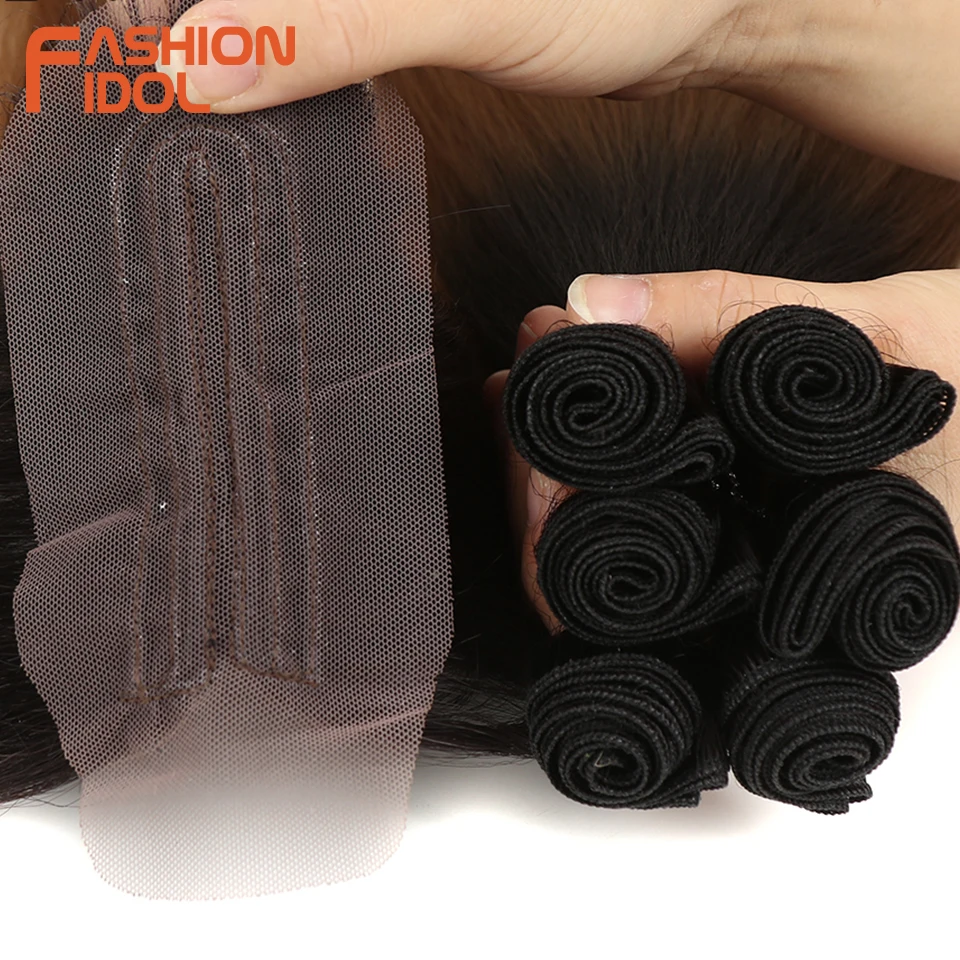 FASHION IDOL Yaki Straight Hair Bundles 7Pcs/Pack 16-20inch Ombre 613# Synthetic Hair Bundles With Closure Weave Hair Extension