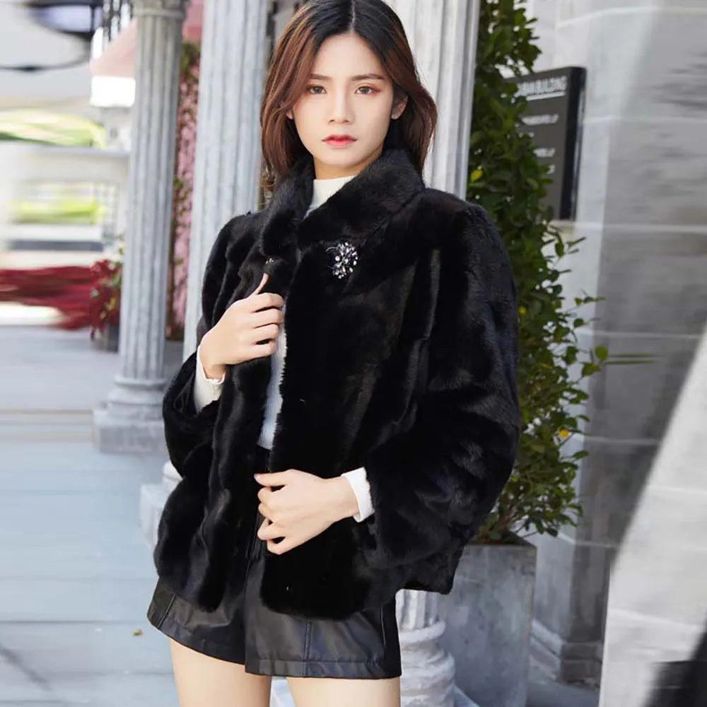 Трендовое новое пальто из меха норки кофе, куртки из натурального меха для женщин, плюс размер, теплое пальто из норки с капюшоном, верхняя одежда, топы MKW-028 - Цвет: 60cm long