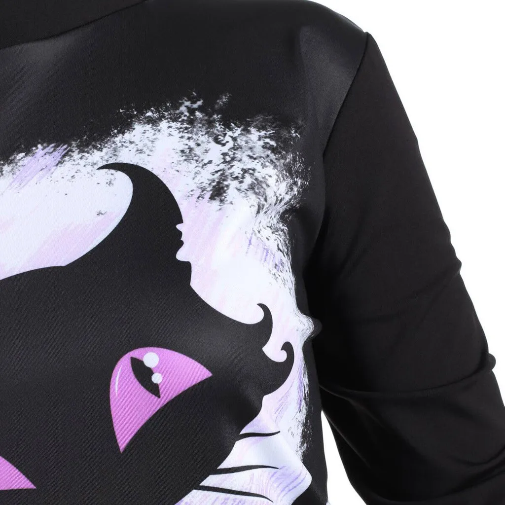  Women Sweatshirt Hoodies turtleneck Halloween Witch cap Cat 3D Print Convertible pullovers Hoodie C
