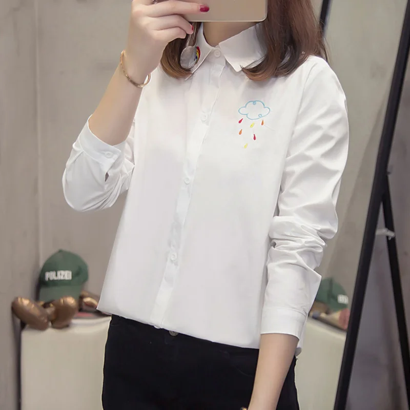 Rainbow White Shirt Новое поступление, милая хлопковая белая рубашка с радужной вышивкой, отложной воротник, длинный рукав, карманы, Повседневная блузка, Feminina Blusa T99412F - Цвет: Rainbow White Shirt