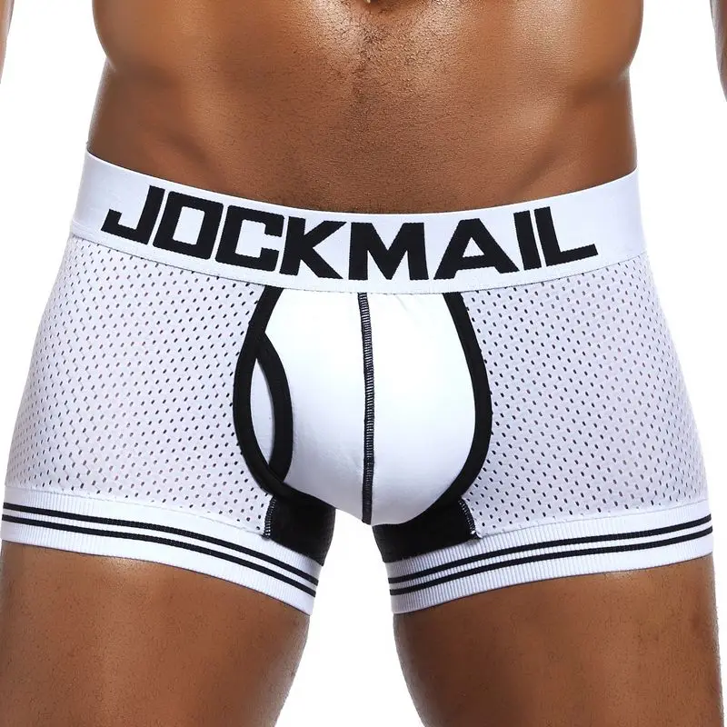 JOCKMAIL, фирменное мужское Сетчатое нижнее белье, боксеры, calzoncillos hombre, гей, одежда для сна, Cueca, боксеры, дышащие, промежность, хлопковые трусы, шорты - Цвет: JM412-White