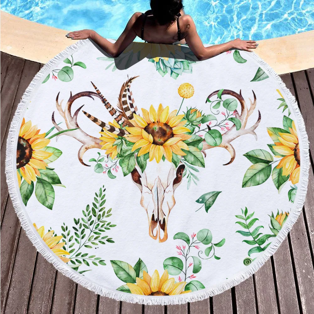 

Sunflower Style Large Beach Towel Microfiber Fringed Edge Shower Towel Beach Travel Blanket Round Beach Towel Shade Shawl Towel