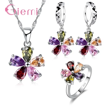 

New Classic Water Drop Cubic Zirconia Wedding Jewelry Sets For Woman Colorful 925 Sterling Silver Necklace Rings Sets