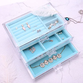 

Jewelry Box Velvet Display Casket for Earrings Ring Cosmetic Storage Case Organizer Gift Holder 3 Layers Acrylic