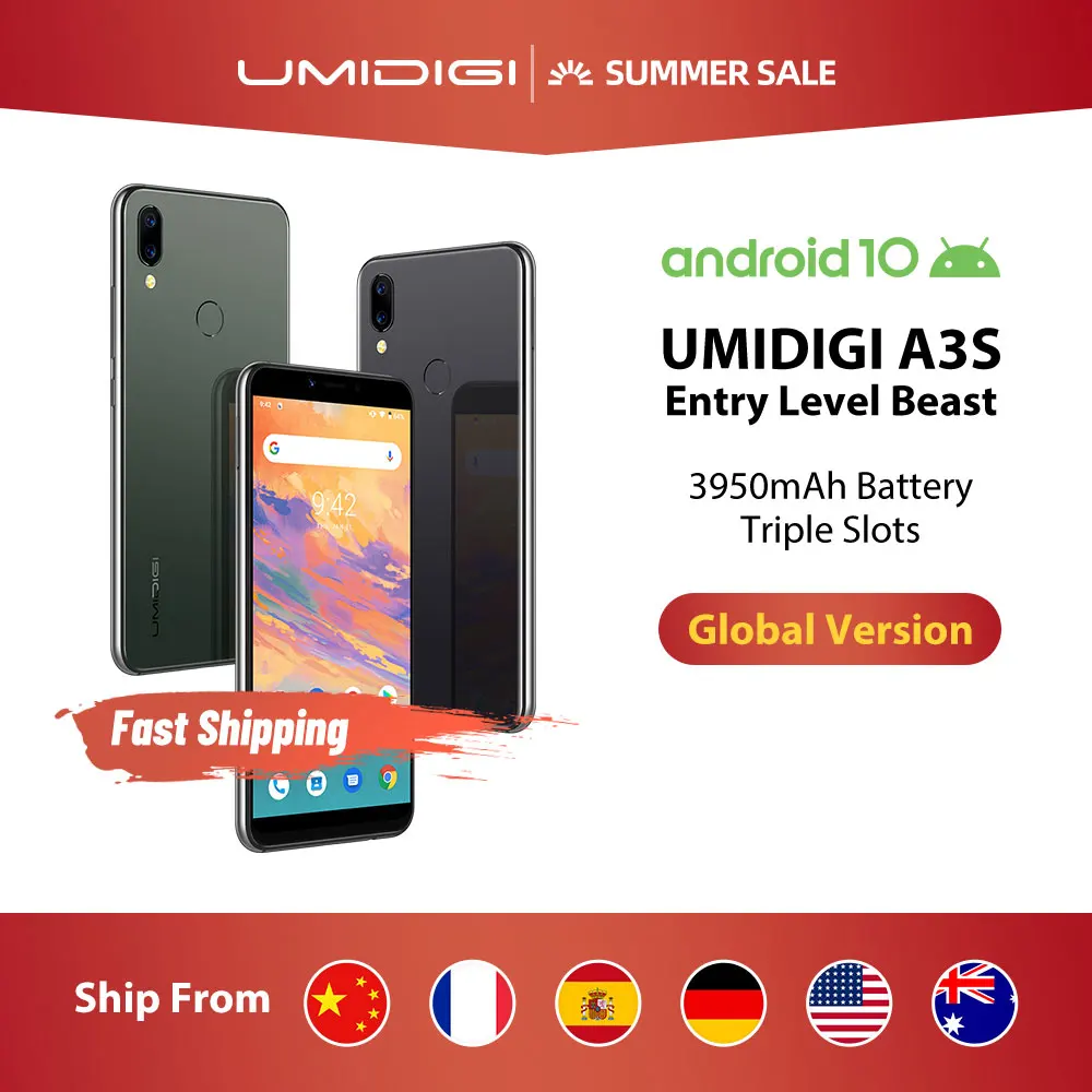 Смартфон UMIDIGI A3S Android 10 3950 мАч двойная задняя камера 5 7 дюйма 13 МП три