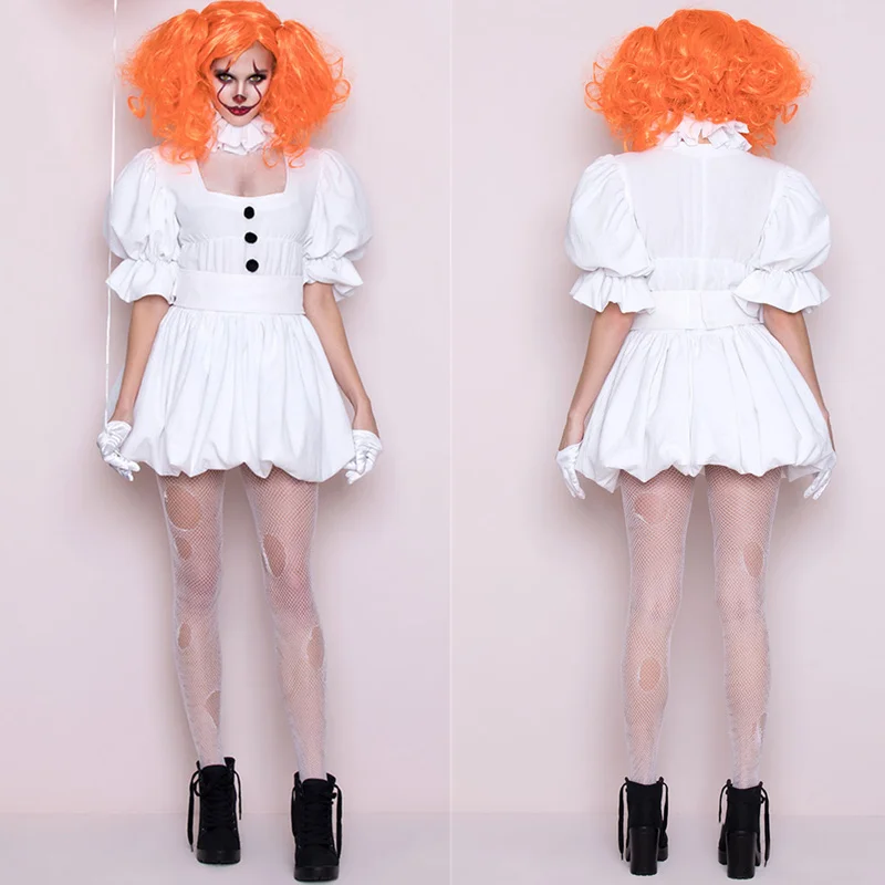 

White Sexy Funny Clown Costume Cosplay Fancy Dresses Adult Women Halloween Party Masquerade Dress Female Performance Clothing