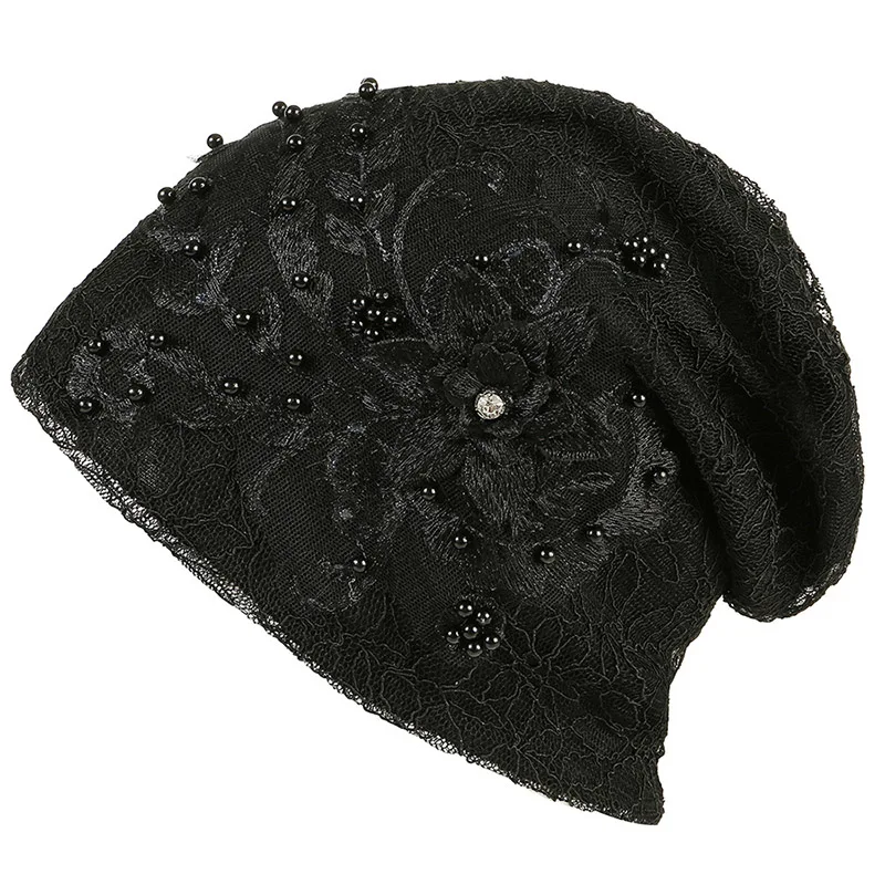 Модные детские шапки Кружева жемчуг цветок Skullies вязаные шапки для осенне-зимнего сезона Чепчик для девочки высококачественные кепки леди цветы вышивка шапка - Цвет: Черный