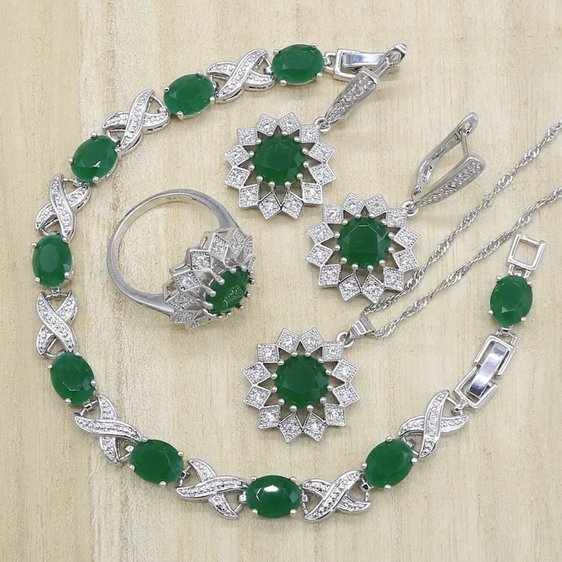 Благородный 925 Серебряный свадебный ювелирный набор для женщин зеленый кубический цирконий серьги кулон ожерелье кольца браслет Подарочная коробка - Окраска металла: 4PCS