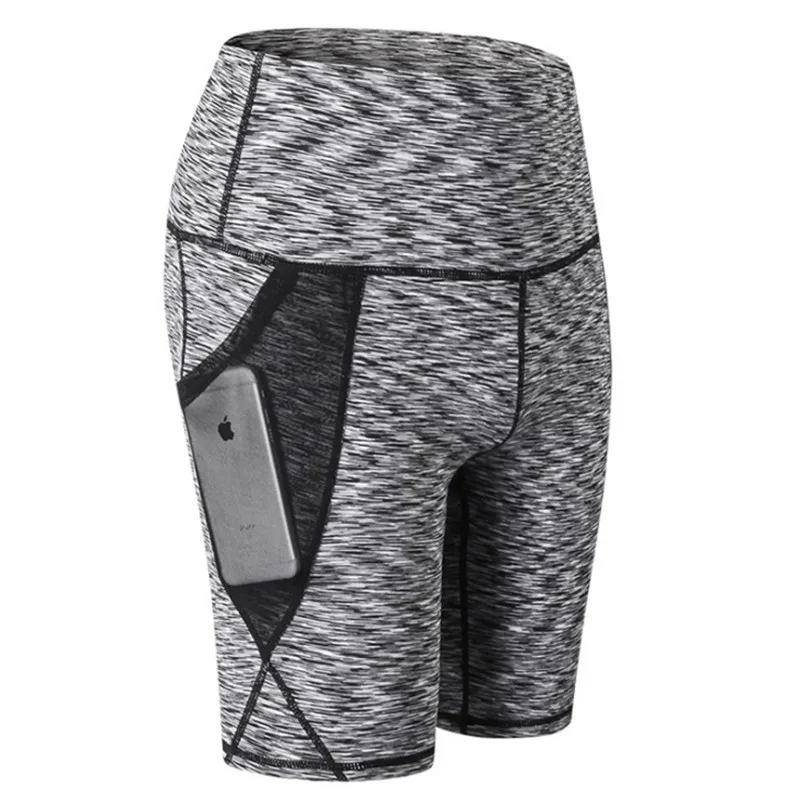 Black And Gray Шорты для фитнеса, для бега, женские, высокая талия, одноцветные, спортивные, для тренировок, шорты, облегающие, с контролем живота, для спортзала, шорты из сетчатой пряжи, с боковыми карманами, Короткие - Цвет: Black And Gray