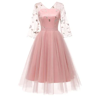 1 Winter Vintage Mesh Short Party Dress 3/4 Sleeve Ball Gown Dresses Elegant Celebrity Evening Party Vestidos Women's Clothing - Цвет: 1