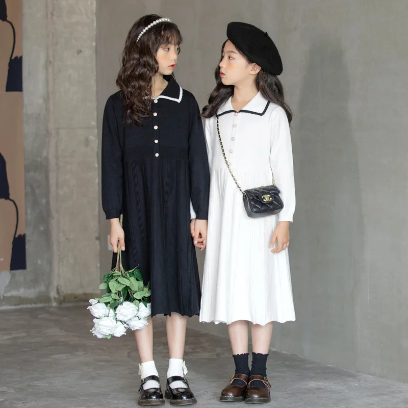 Платья для девочек-подростков Осенне-зимняя детская одежда Черно-белый школьный
