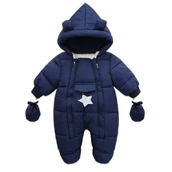 Winter Baby Two-piece Thermal Coat Clothes Long Sleeve Hooded Romper Snow Wear With Decorative Star and Gloves