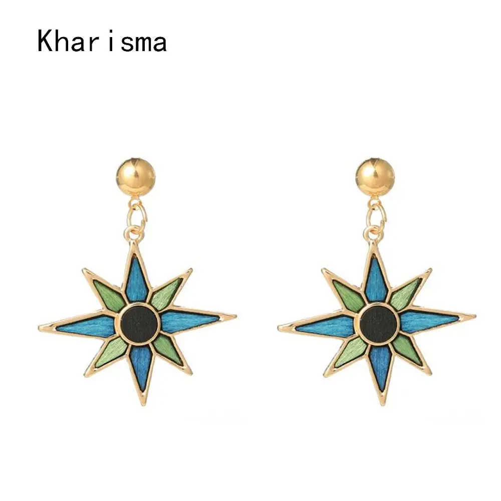 

KHARISMA 2019 New Pop Women Fashion Jewelry Ethnic Golden Metal Zinc Alloy Setting Green Triangle Wood Star Long Stud Earrings