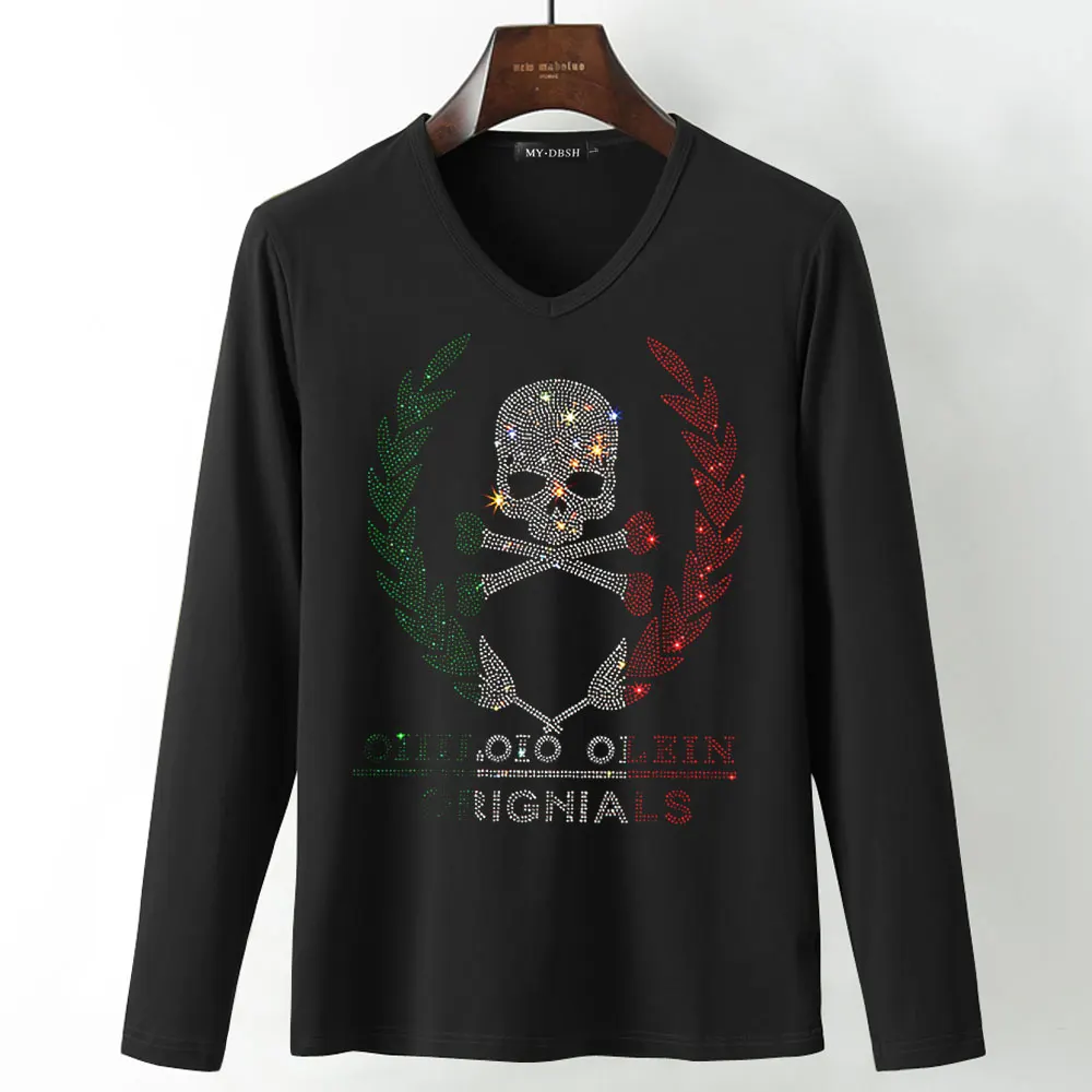 Корона пчелы рубашка Crewneck Футболка Горячая фиксация Стразы с принтом пчелы футболки мужские веганские кристалл алмаз футболка большого размера 5XL - Цвет: T009-V-Black