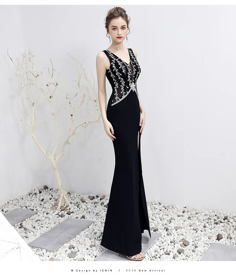 Черный Глубокий v-образный вырез Cheongsam Современные вечерние платья Qi Pao для Женщин Китайское вечернее китайское платье-Ципао Акция Женская Роба в восточном стиле Одежда