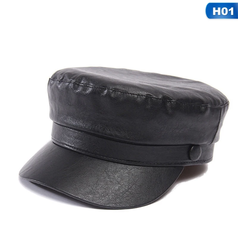 Модная шапка из искусственной кожи в стиле милитари, осенне-зимняя шерстяная шляпа моряка для женщин и мужчин, Черная Женская кепка с плоским верхом для путешествий, Кепка Капитана
