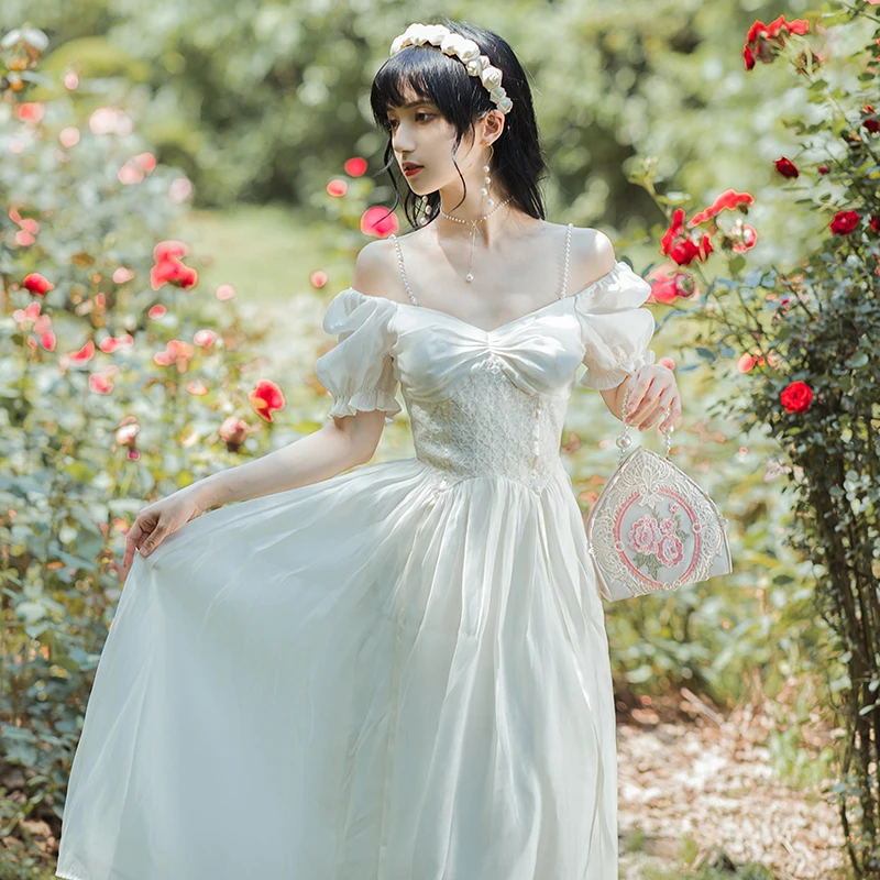 verano de hada blanca para Vestido de princesa Vintage con cuentas y cuello de barco, abombada, diseño largo, para fiesta, Branco| | - AliExpress