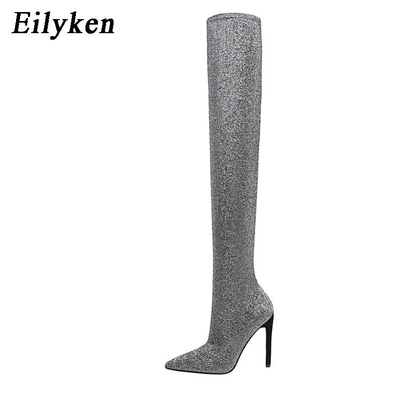 Gray Eilyken/ г. Новые женские ботфорты из эластичной ткани пикантная Осенняя женская обувь на высоком каблуке со шнуровкой зимние женские сапоги размер 42 - Цвет: Gray