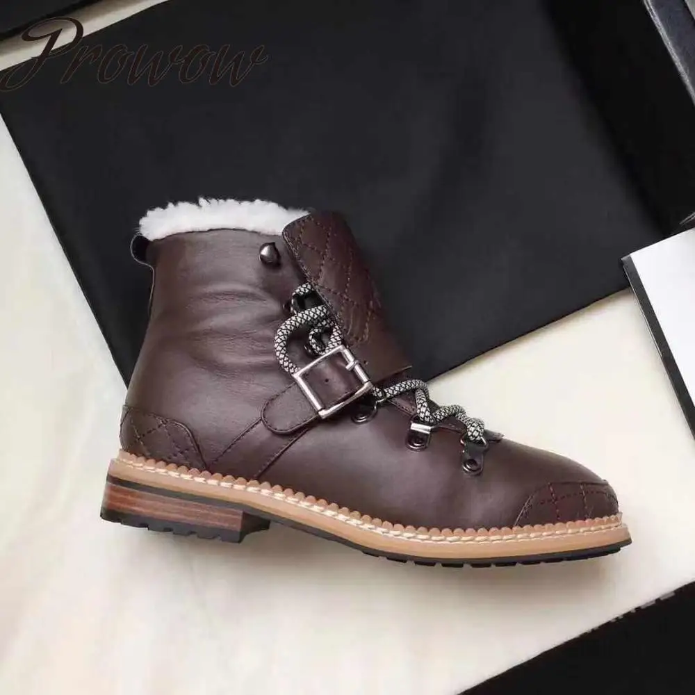 

Prowow New Genuine Leather Lace Up Ankle Boots Round Toe Thick Heel Low Heel Winter Warm Boots Shoes Women