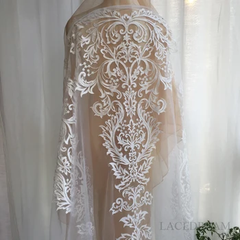 

1 Piece Floral Ivory Bridal Lace Motif Oversize Embroidered Cording Lace Applique For Wedding Dress