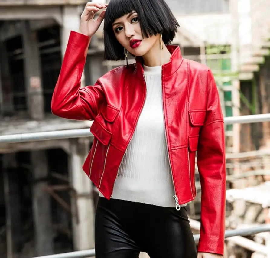 England locomotive style pure color short pu leather jackets female zipper stitching great quality leather jackets wq2508