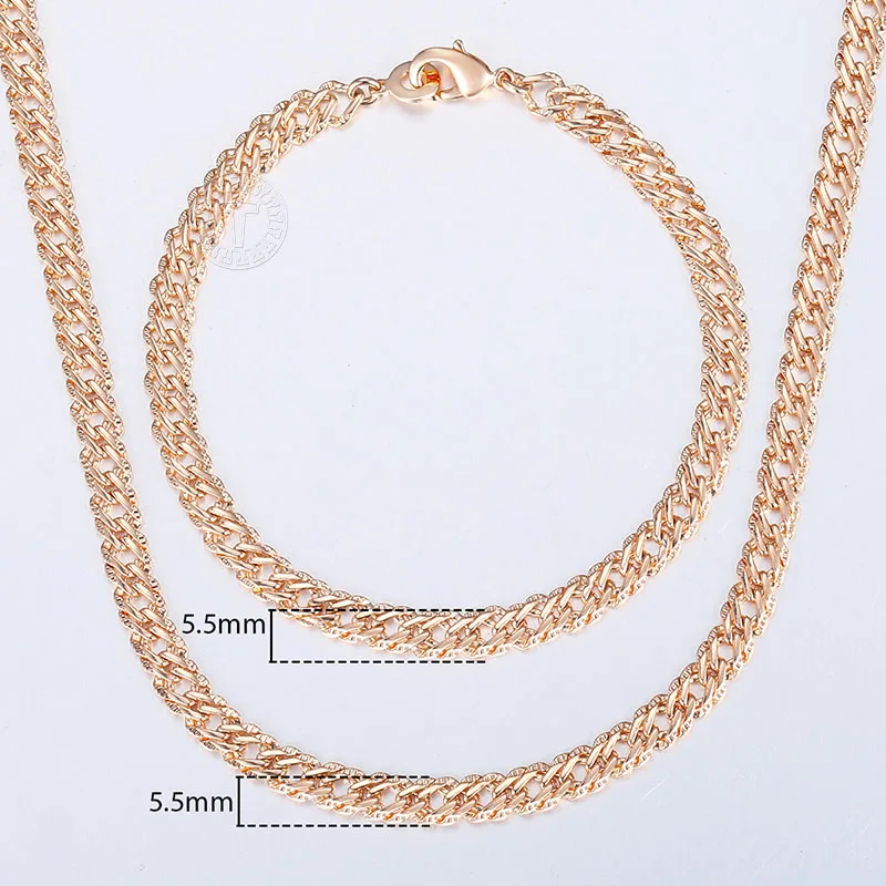 Jewelry Sets for Women Men 585 Rose Gold Color Bracelet Necklace Set Double Cuban Weaving Bismark Chain Jewelry LCS04