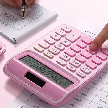 

12 Digit Desk Calculator Large Buttons Financial Business Accounting Tool Pink white brown big buttons battery and solar power