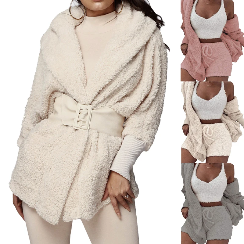 Зимняя теплая пижама из двух частей, женский кардиган, свитер, плюшевое пальто с капюшоном, бандажный комплект с шортами, мягкая однотонная Пижама, модная