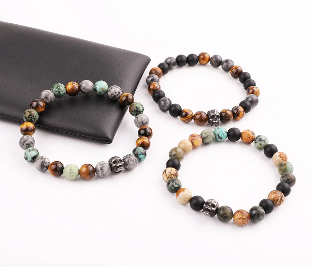 Men Bracelet Set New Design Stainless Steel Vintage Skull Charm Lion Natural Stone Tiger Eye Beads Bacelet Men - Image 5