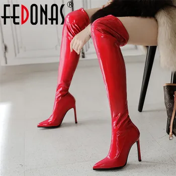 

FEDONAS Winter Warm Sexy Female Long Boots Patent Leather Women Over The Knee Boots Classic Pointed Toe Night Club Shoes Woman
