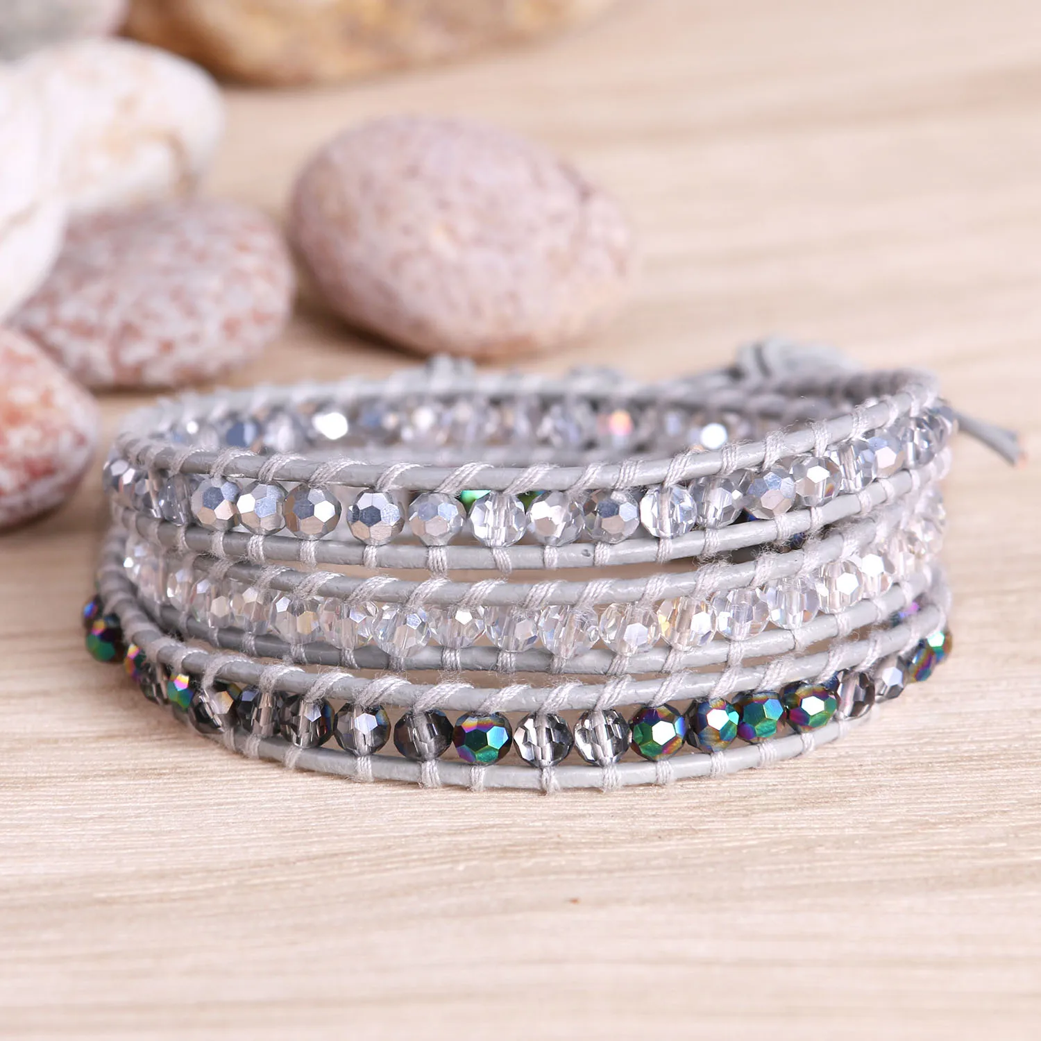 

KELITCH Adjustable 3 Strand Wrap Bracelets On Leather Chain Bright Crystal Beads Bracelets Cuff Handmade Female Casual Jewelry