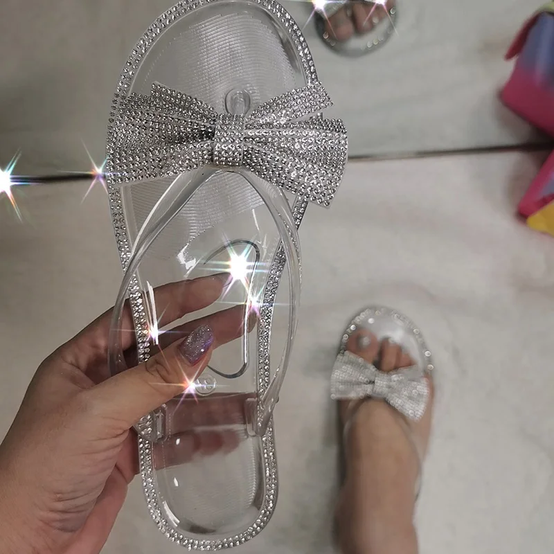 2019 New Summer Women Slippers Ladies Girls Bowknot Crystal Flat Slippers Beach Shoes Shoes Woman with Heels # g35,B,5.5,United States