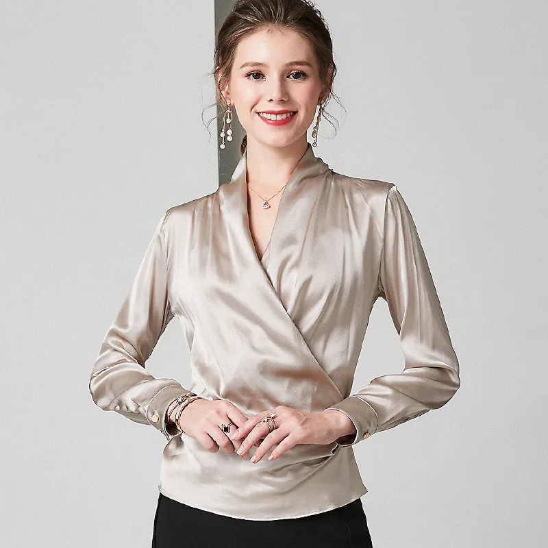 beige pure silk blouse for women high quality long sleeve 4XL plus size casual sexy office dress shirts luxury dropshipping beige pure silk blouse for women high quality long sleeve 4XL plus size casual sexy office dress shirts luxury dropshipping