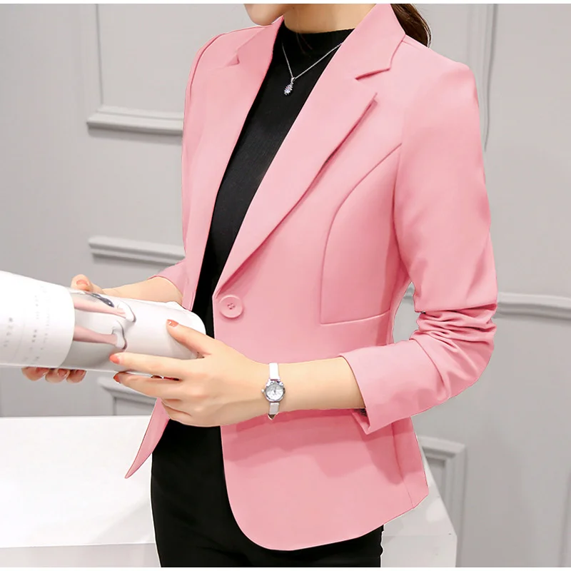 Women's Blazer Pink Long Sleeve Solid One Button Coat Slim Office Lady Jacket Female Autumn Fashion Blazers Femme Jackets