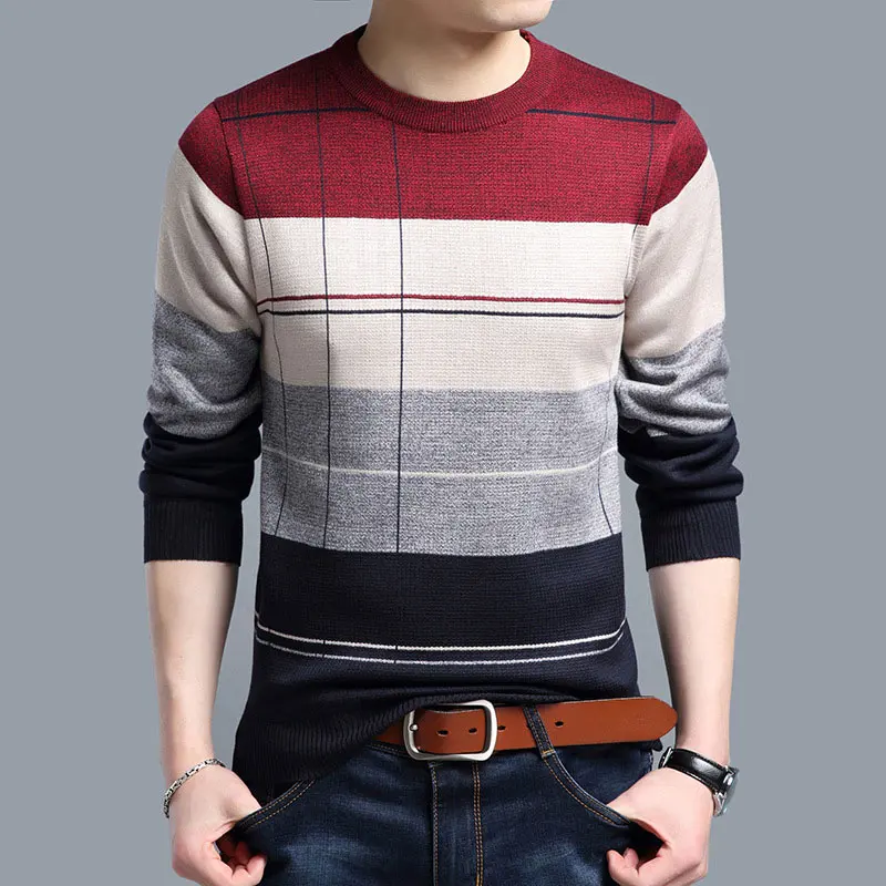 Wine HISTREX brand social cotton thin men's pullover sweaters casual crocheted striped knitted sweater men masculino clothes - Цвет: Wine