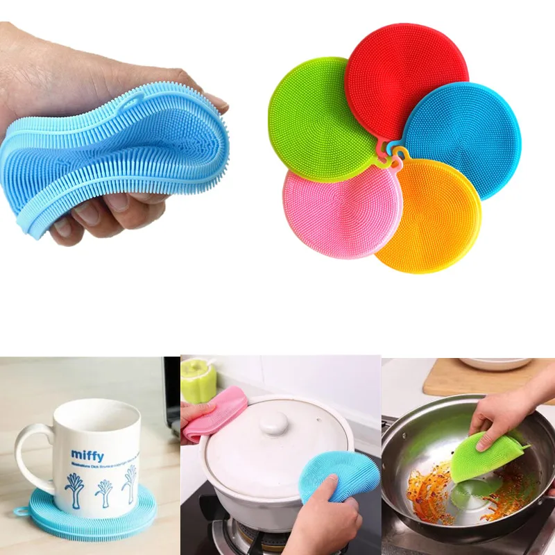 

Reusable Silicone Dish Bowl Cleaning Brush Scouring Pad Pot Pan Wash Dishcloth Kitchen Washing Brush Fruit Duster Cloth