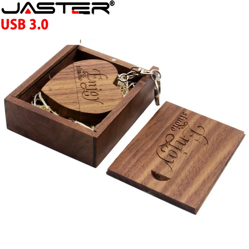 JASTER USB 3,0(более 10 шт. бесплатный логотип) грецкий орех деревянное сердце+ Подарочная коробка USB флеш-накопитель USB креативная Флешка 8 ГБ 16 ГБ 32 ГБ 64 ГБ