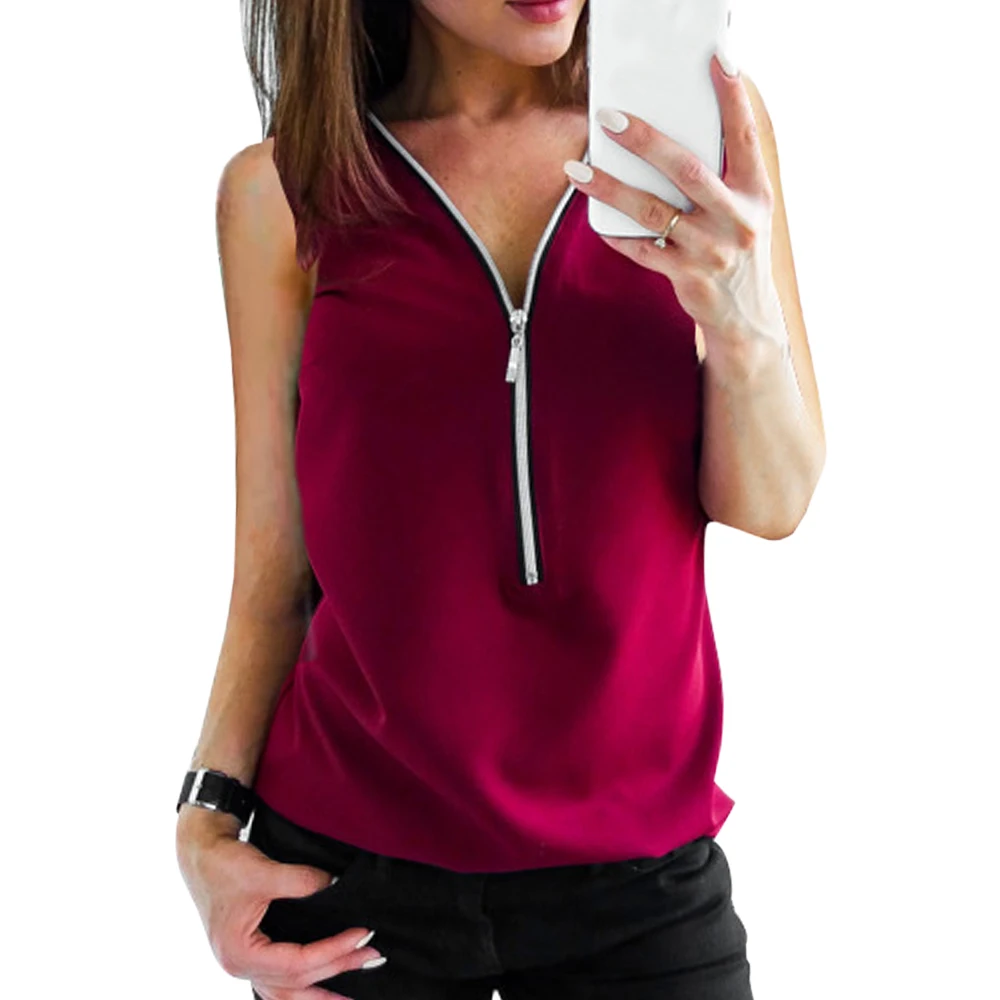 2020 Summer Sleeveless Blouses Women Clothing Vest Solid Color V-Neck Shirts Loose Chiffon Zipper Blusas Mujer Women Tops