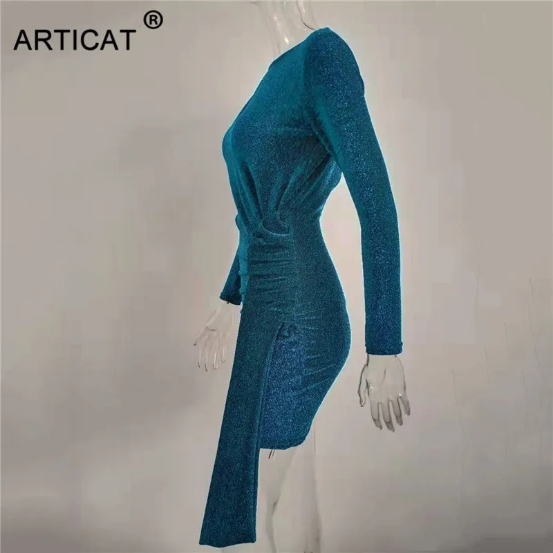 Articat, Осеннее блестящее ДРАПИРОВАННОЕ облегающее платье, женское платье с длинным рукавом и круглым вырезом на спине, женское однотонное мини уличное платье
