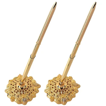 

Hollow Round Pen Holder Signing Pen Set Pen Holder for Wedding Bridal Opening Ceremony Graduation Office, Gold 2 Pcs