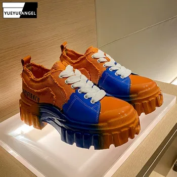 

Designer Womens Round Toe Thick Platform Shoes Colors Mixed Lace Up Patchwork Genuine Leather Sneakers Casual Kpop Wedegs Pumps
