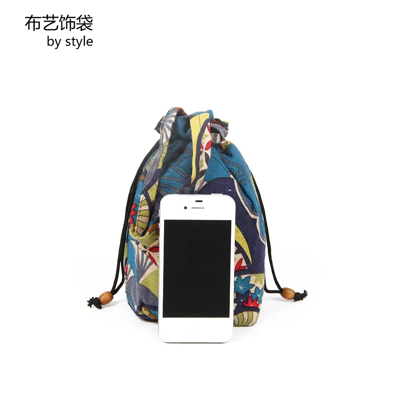 

Bucket Type Fan Printed Shoulder Bag National Wind Cotton Linen Mini Cloth Bag Drawstring Top One-Shoulder Handbag