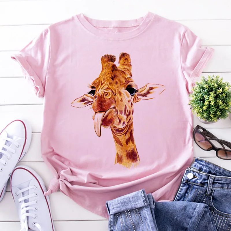 Giraffe Print Pink Woman Tshirts Women's Summer Harajuku Fun Cute Animal Pattern T Shirt Women Tops Casual Short Sleeve T-shirt