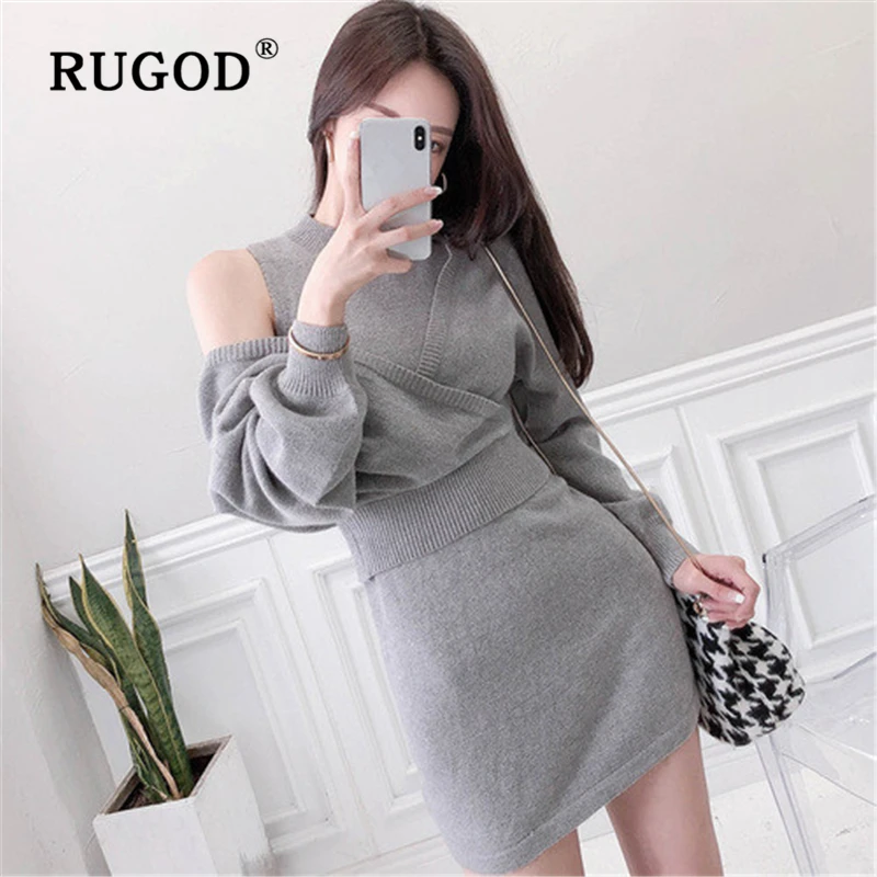 RUGOD, винтажное, одноцветное, 2 шт., тонкое платье, женское, элегантное, без рукавов, туника, вязаное, облегающее платье, vestidos, модное, auturm платье