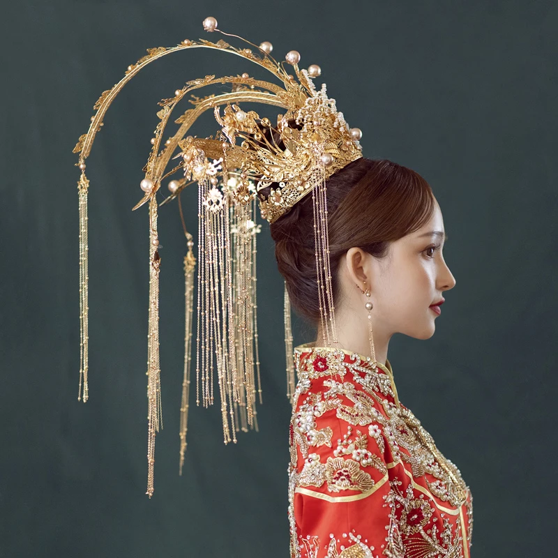 

NiuShuya Gorgeous Gold Wedding Bride Classical Chinese Hair Crown Exaggerated Headdress Phoenix Stage Show Hair Accessories