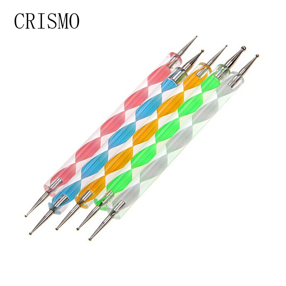 

CRISMO 5Pcs Professional Nail Art Tool 2 Ways Swirl Marbleizing Steel Dotting Pen Nail Rhinestones Acrylic Nail Art Tool