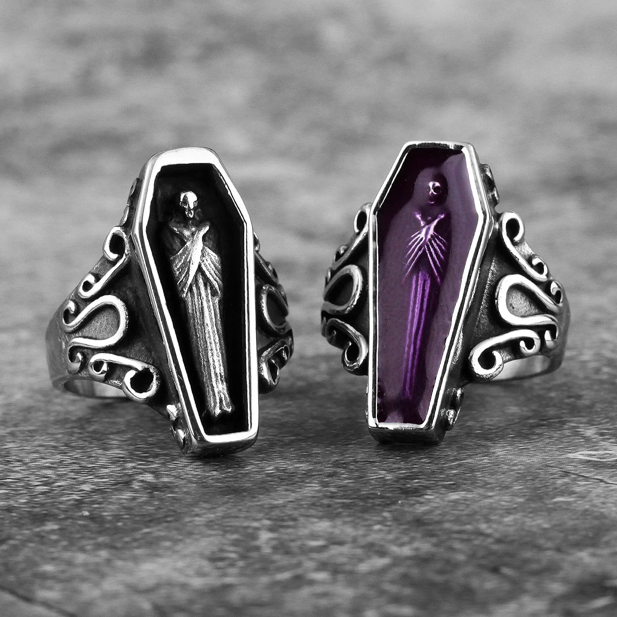 JAJAFOOK Vintage Portrait Vampire Coffin Ring For Men | Titanium Steel Gothic Resin Ring - View #3