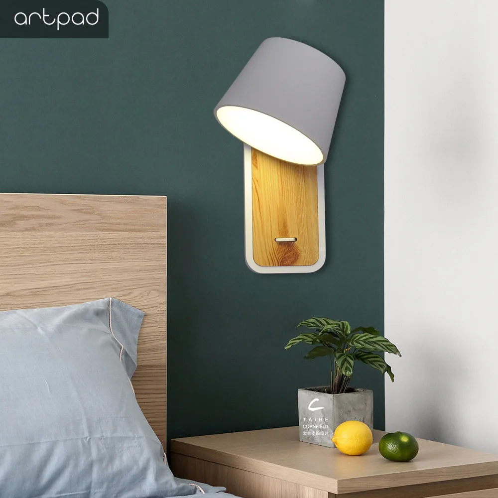 Lâmpada de Parede com Base Madeira e Interruptor Luminárias para Cabeceira Artpad Branco Neutro Led Nordic Parede Escada Corredor Leitura 7 w