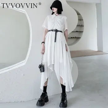 

Korea Irregular Patchwork Mesh Pleated Dress Women Clothes 2020 Summer New Fashion Loose Turn Down Collar Elegant Dress ZP1245