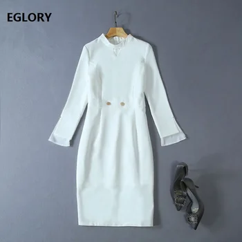 

2019 Autumn Fashion White Black Dress Elegant Office Lady Stand Neck Golden Button 3/4 Sleeve Bodycon Sheath Dress for Women